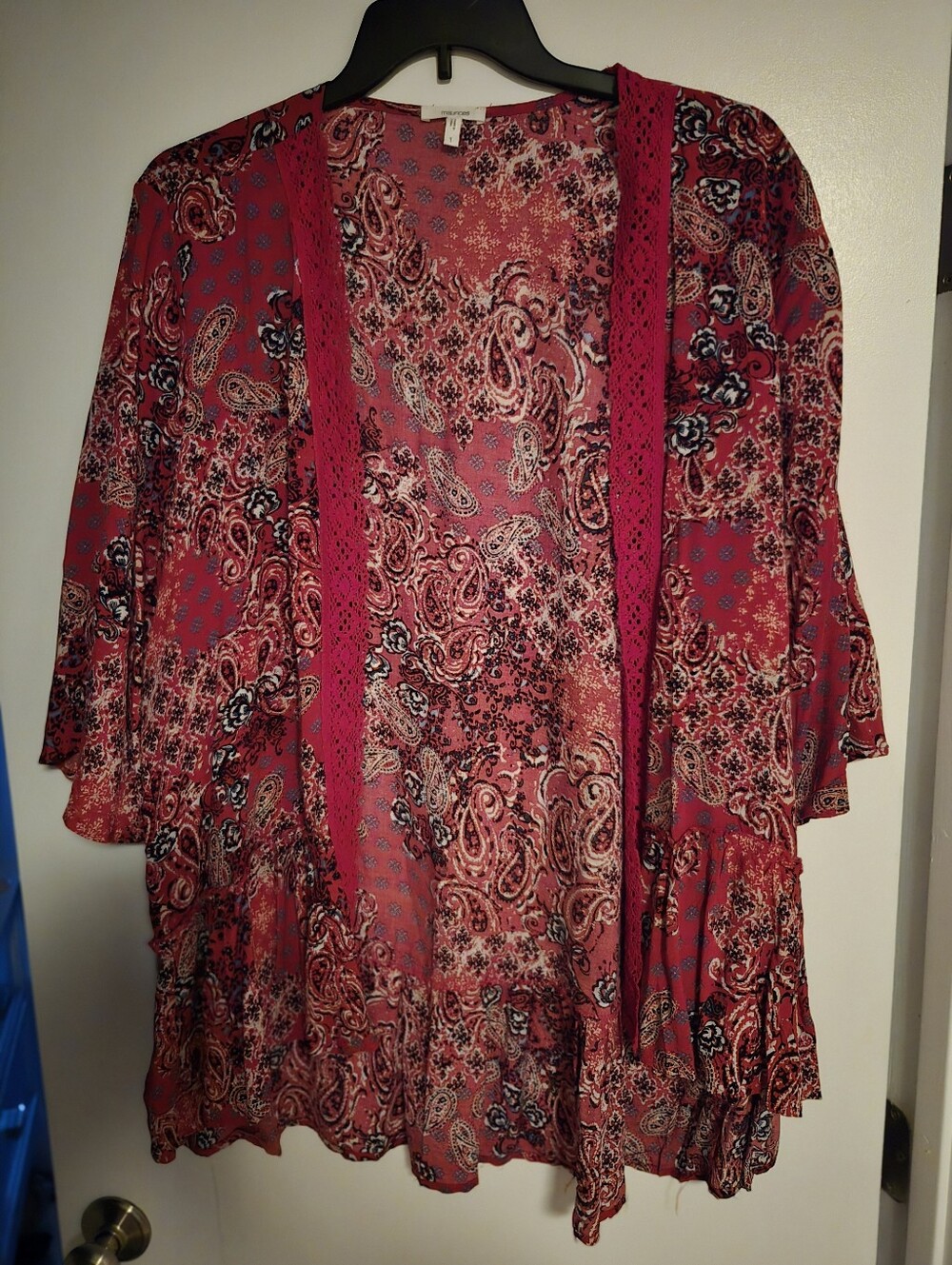 Women's Red Paisley Open Front Kimono Cardigan